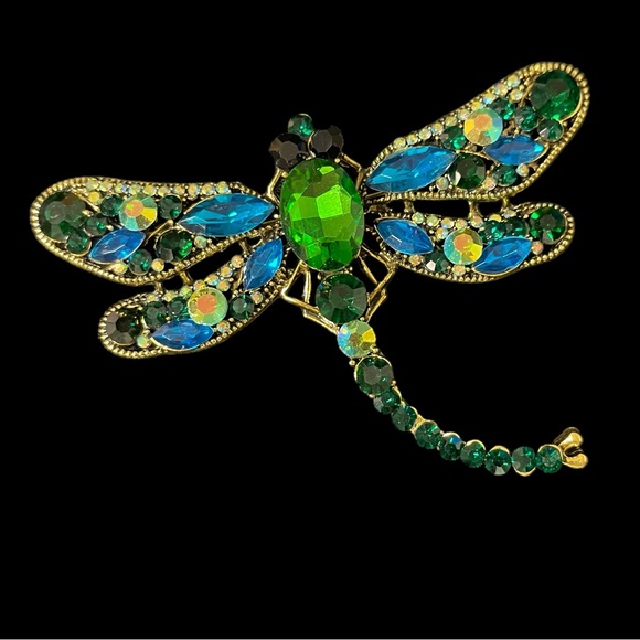 Large Bejeweled Dragonfly Brooch Gold Base with Blue and Green Rhinestones - Picture 1 of 5